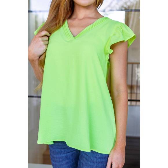 NEW JODIFL under neon lights ruffle sleeve top in neon yellow-green - Picture 2 of 4